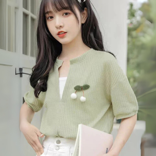 Haut Vert Col V Style Coréen