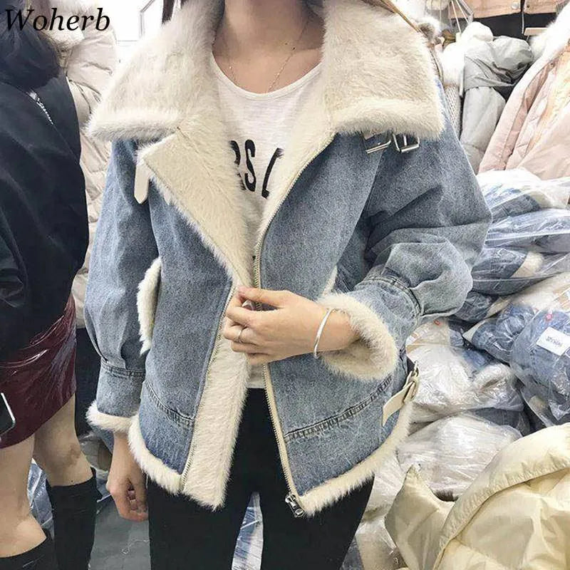 Veste - Manteau Korean Style - Woherb 2020 Winter Thick Cotton Denim Jacket Women Warm korean Vintage Coat Jeans Jackets Female Loose Outerwear Chaqueta Mujer