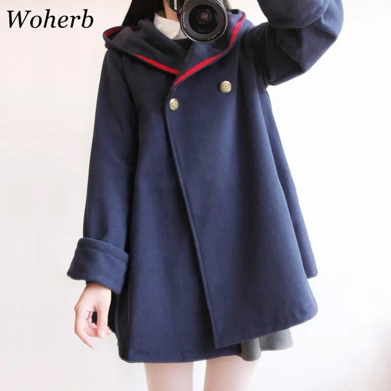Veste - Manteau Korean Style - Woherb Japanese Harajuku Winter Coat Women Thick Loose Hooded Cloak 2020 Outwear Wool Coats Ladies Cape Femme 20408
