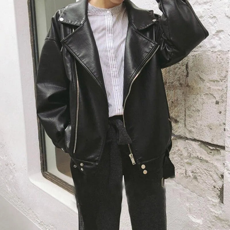 Veste - Manteau Korean Style - Woherb New Loose PU Faux Leather Jacket Women Classic Moto Biker Jacket Spring Autumn Lady Basic Coat Fashion Black Outerwear