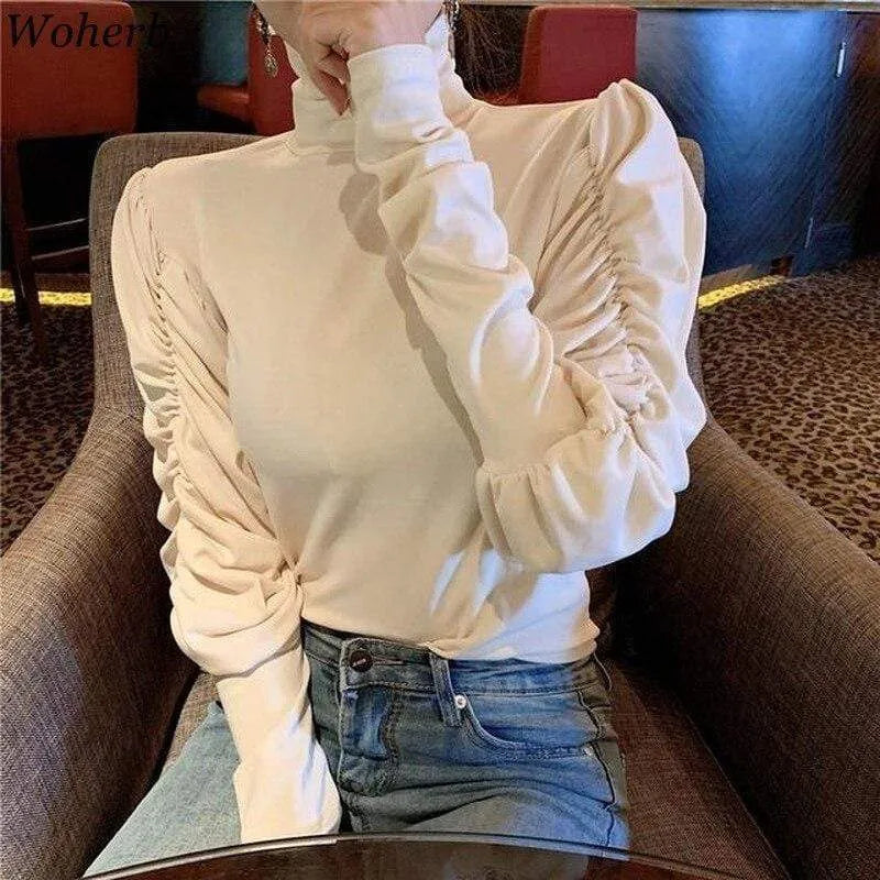 Woherb Autumn Basic T Shirt Women Vintage Turtleneck Tops 2020 Pleated Puff Sleeve T-shirt Camisas Mujer Korean Fashion Clothing