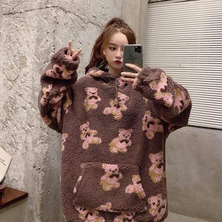 College wind small woolen cute bear lady hoodie loose plus velvet kawaii sweatshirt plus size women's blouse super Dalian hoodie