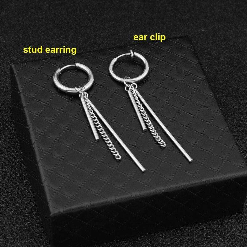 Men Women Punk Earrings Stainless Steel Ear Clip Tassel Long Chain Hip-hop Street Pop Ear Guys Jewelry Hipster Rock Stud Earring